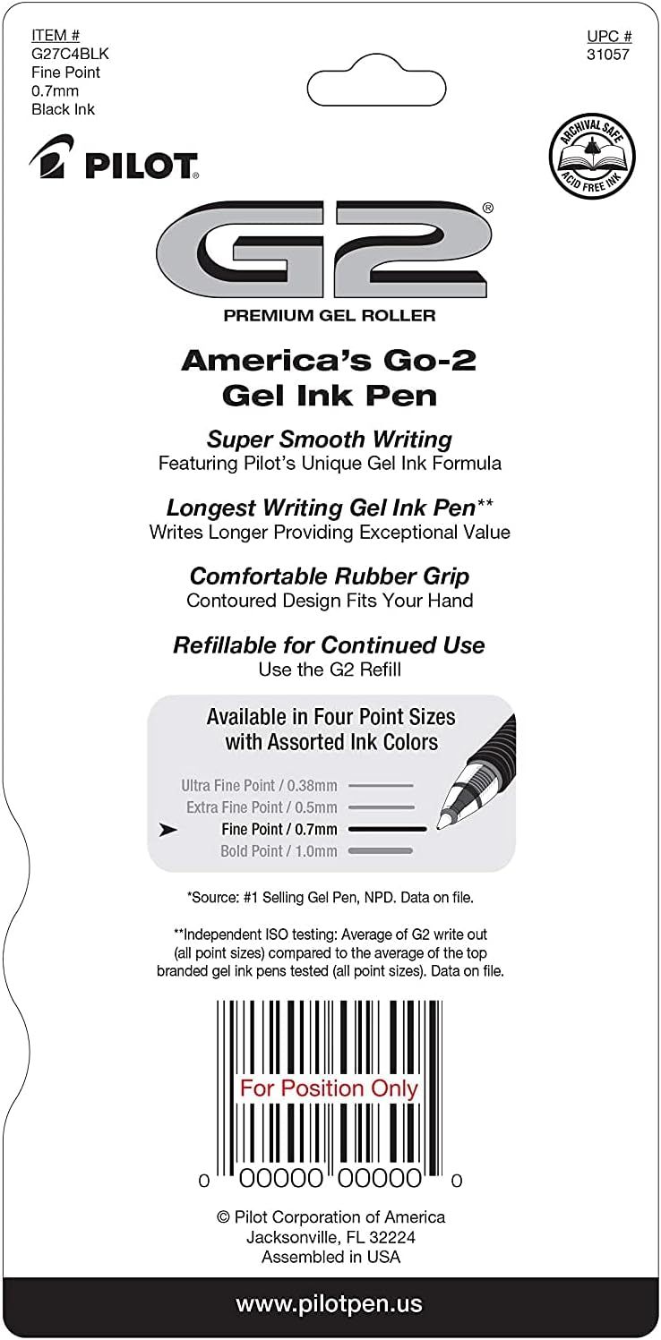Communicates multiple distinct selling benefits of the G2 gel pen in a segmented layout, highlighting smooth writing, longevity, comfort, and refillability to persuade shoppers of the product's…