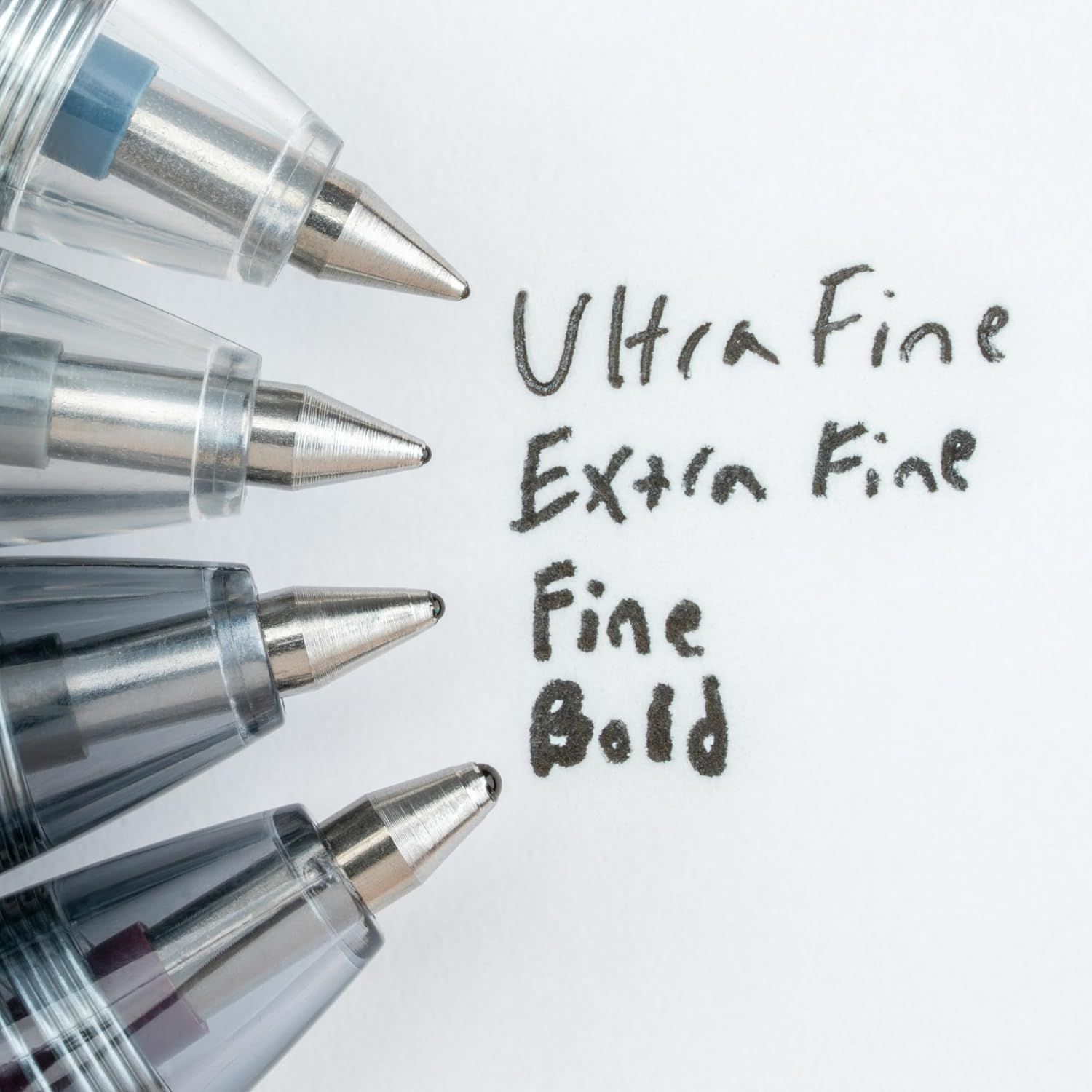 Demonstrates the product's versatility by showing four different tip sizes (Ultra Fine, Extra Fine, Fine, Bold) to help shoppers understand the range of line widths available for different writing…