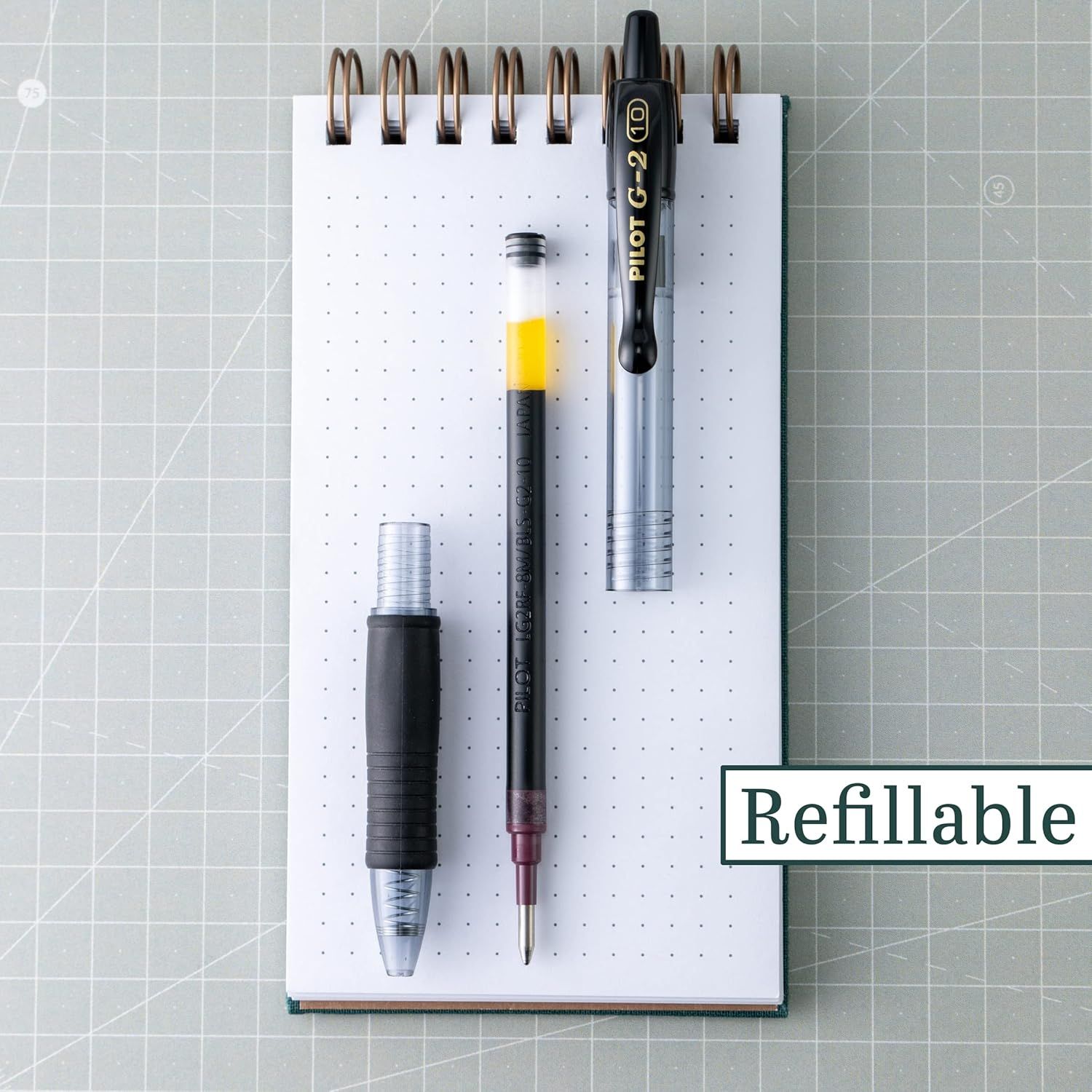 Communicates that the pens are refillable, emphasizing sustainability and long-term value by showing the product disassembled with refill components visible.