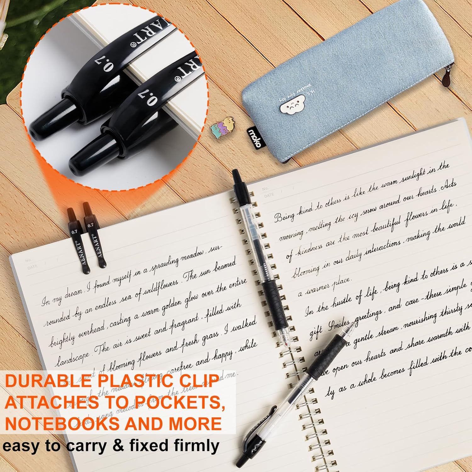 Highlights the pen's durable plastic clip that attaches to pockets and notebooks, emphasizing portability and secure carry convenience for everyday use.