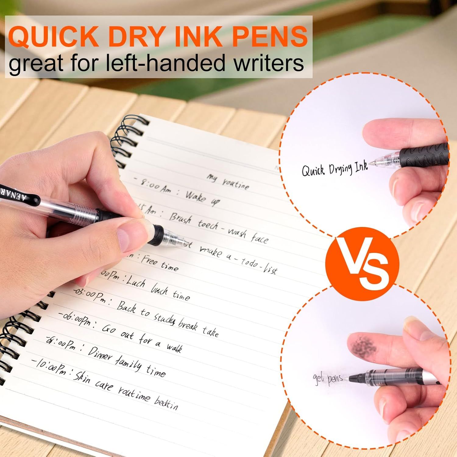 Demonstrates the superiority of quick-dry ink pens over gel pens by showing how they prevent smudging for left-handed writers, addressing a common pain point. Highlights the quick-drying ink feature…