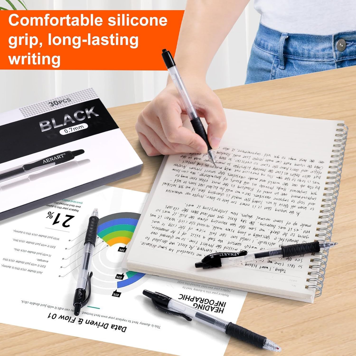 Highlights the pen's comfortable silicone grip and long-lasting writing capability to reassure shoppers about ergonomic design and durability for extended use.