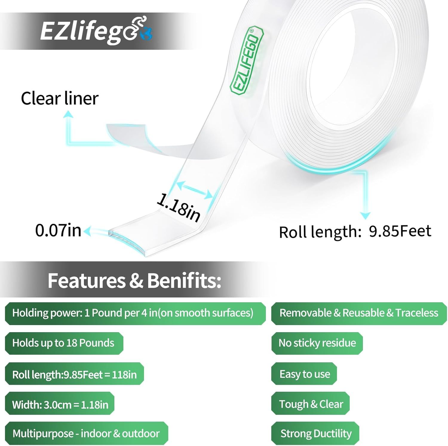 Communicates multiple distinct benefits of the adhesive tape in a segmented layout, including reusability, holding strength, versatility, and ease of use to help shoppers understand the product's…