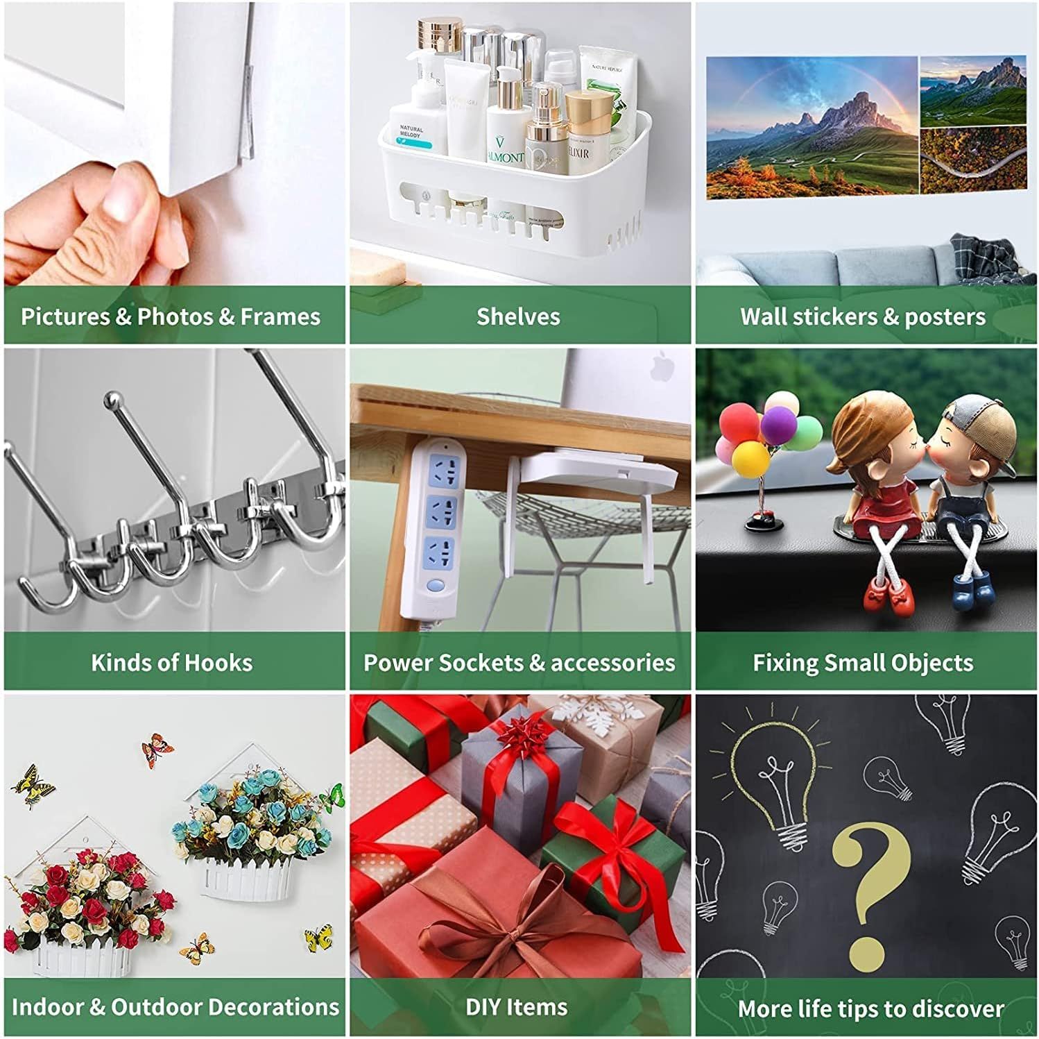 Demonstrates the wide range of applications and categories where the product can be used, from home organization to decoration to DIY projects, helping shoppers understand the product's versatility…