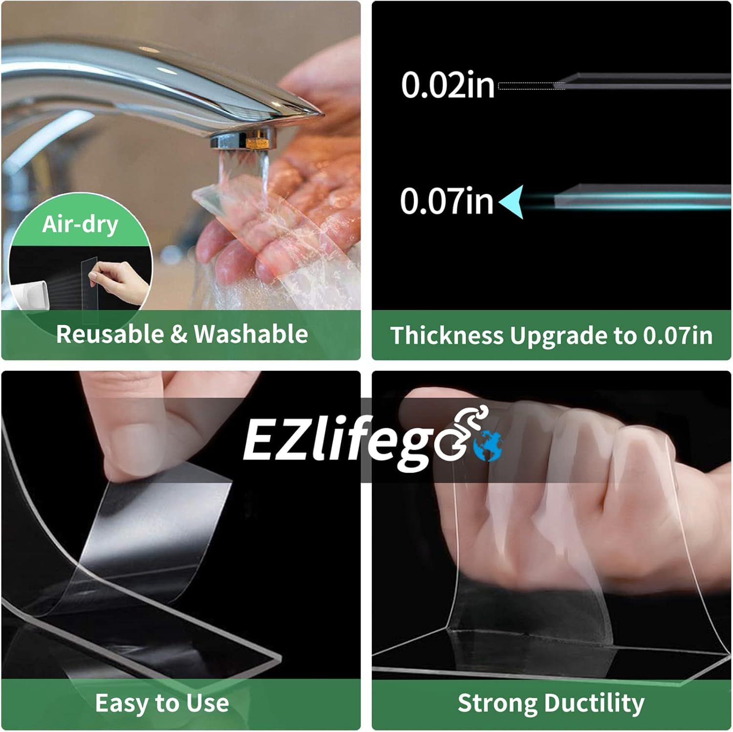 Communicates multiple product benefits in a segmented 4-panel layout, highlighting the product's washability, upgraded thickness, ease of use, and flexibility to reassure shoppers of its quality and…