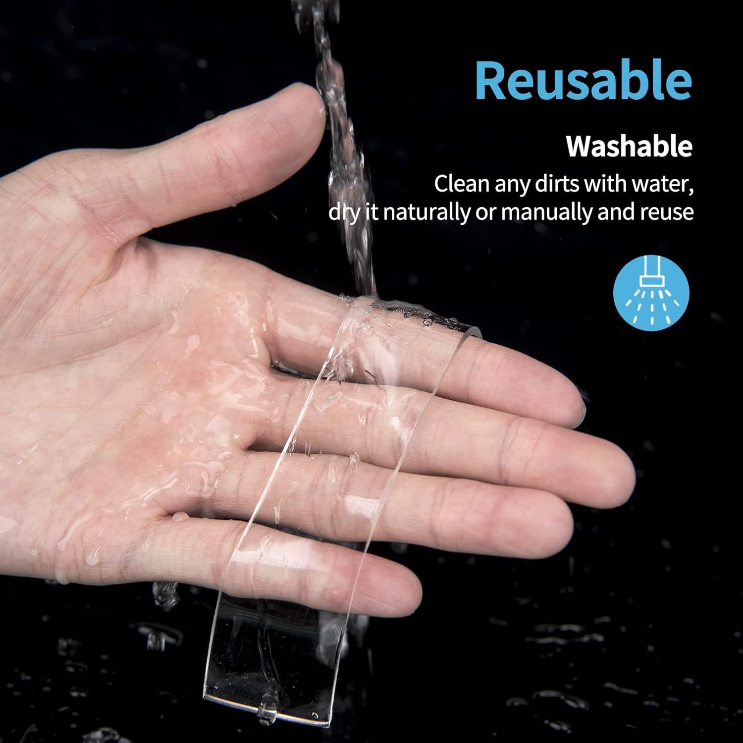 Communicates that the product is reusable and easy to clean with water, emphasizing convenience and sustainability for shoppers.