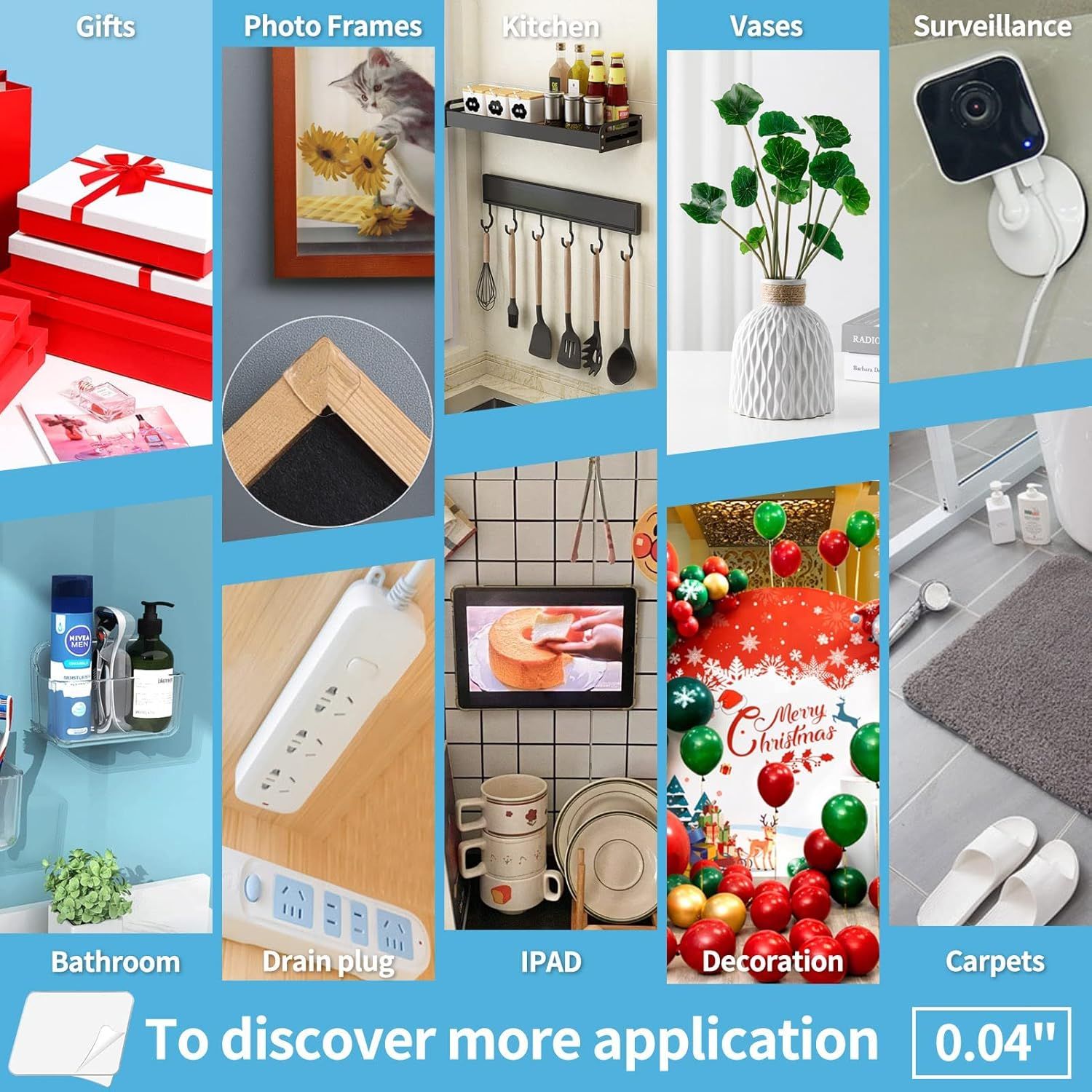 Demonstrates the product's versatility by showing it can be used in multiple different home environments and applications, from kitchen to bathroom to decoration to surveillance.