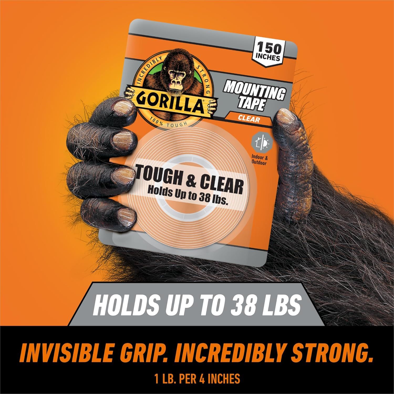 Communicates the tape's impressive holding capacity of 38 lbs and 150-inch length to demonstrate superior strength and value to shoppers. Reinforces the product's core benefit of being both…
