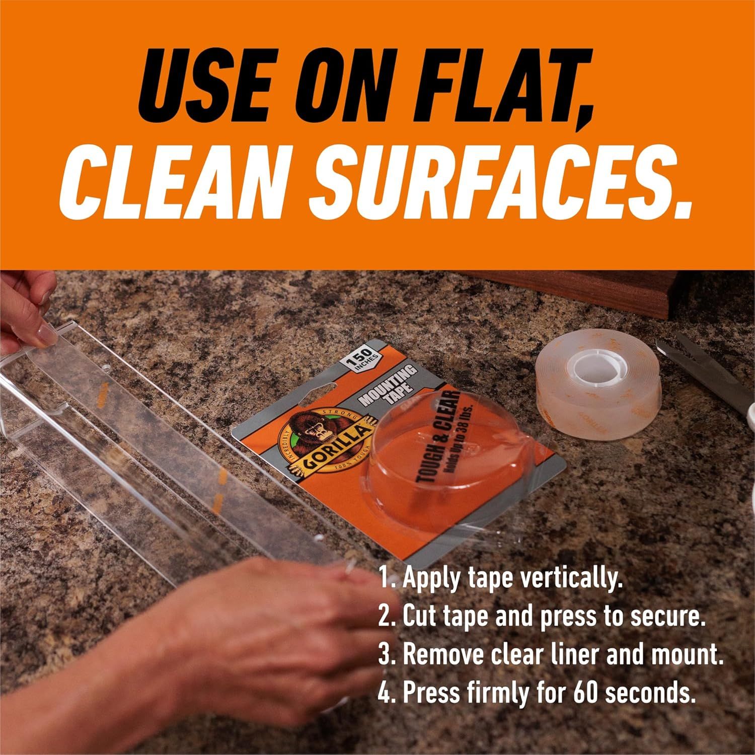 Provides step-by-step instructions on how to properly apply and mount the tape product on flat, clean surfaces, ensuring shoppers understand the correct installation process. Communicates that the…