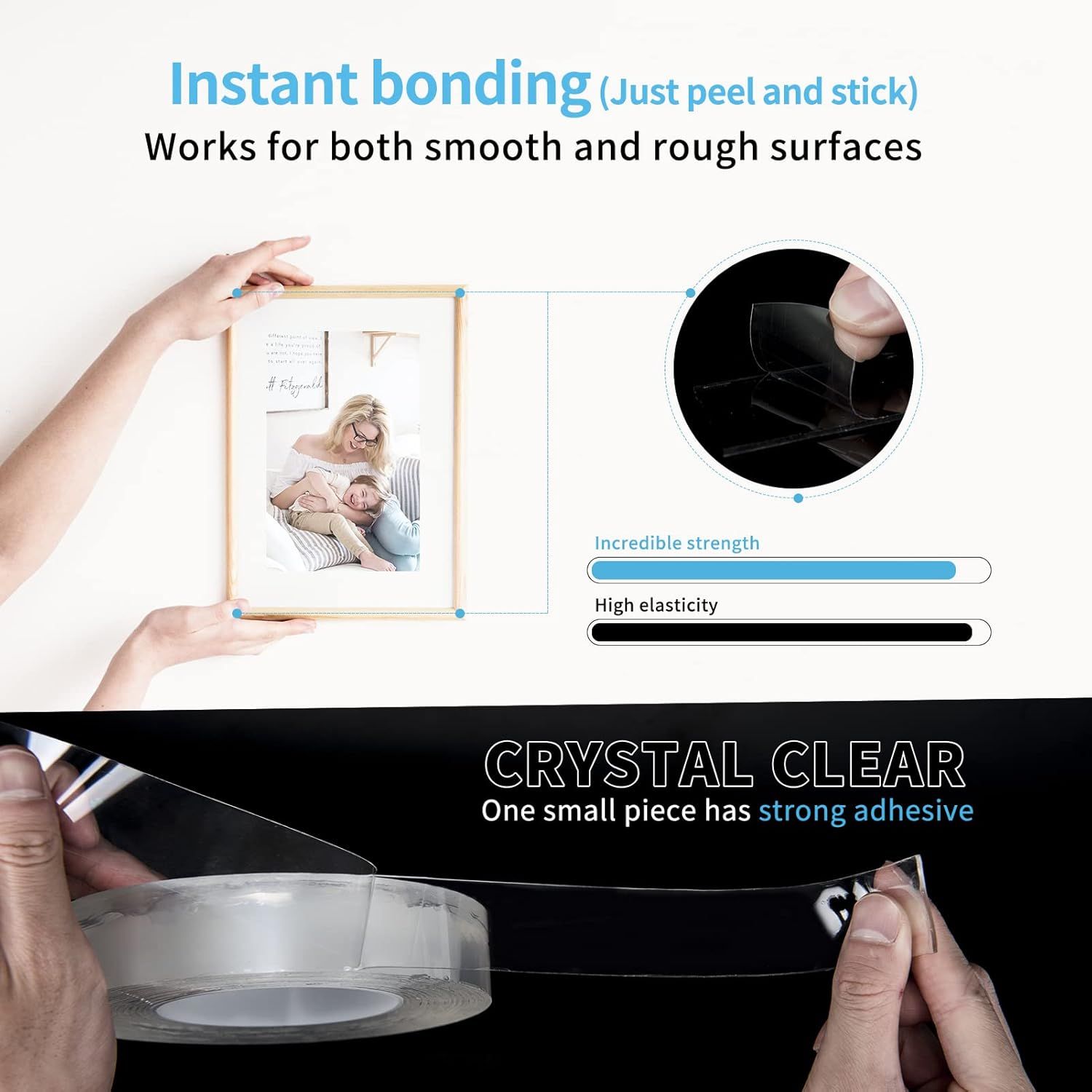 Communicates multiple key benefits of the adhesive product including ease of application, surface versatility, strength, elasticity, and clarity to reassure shoppers of its comprehensive performance.