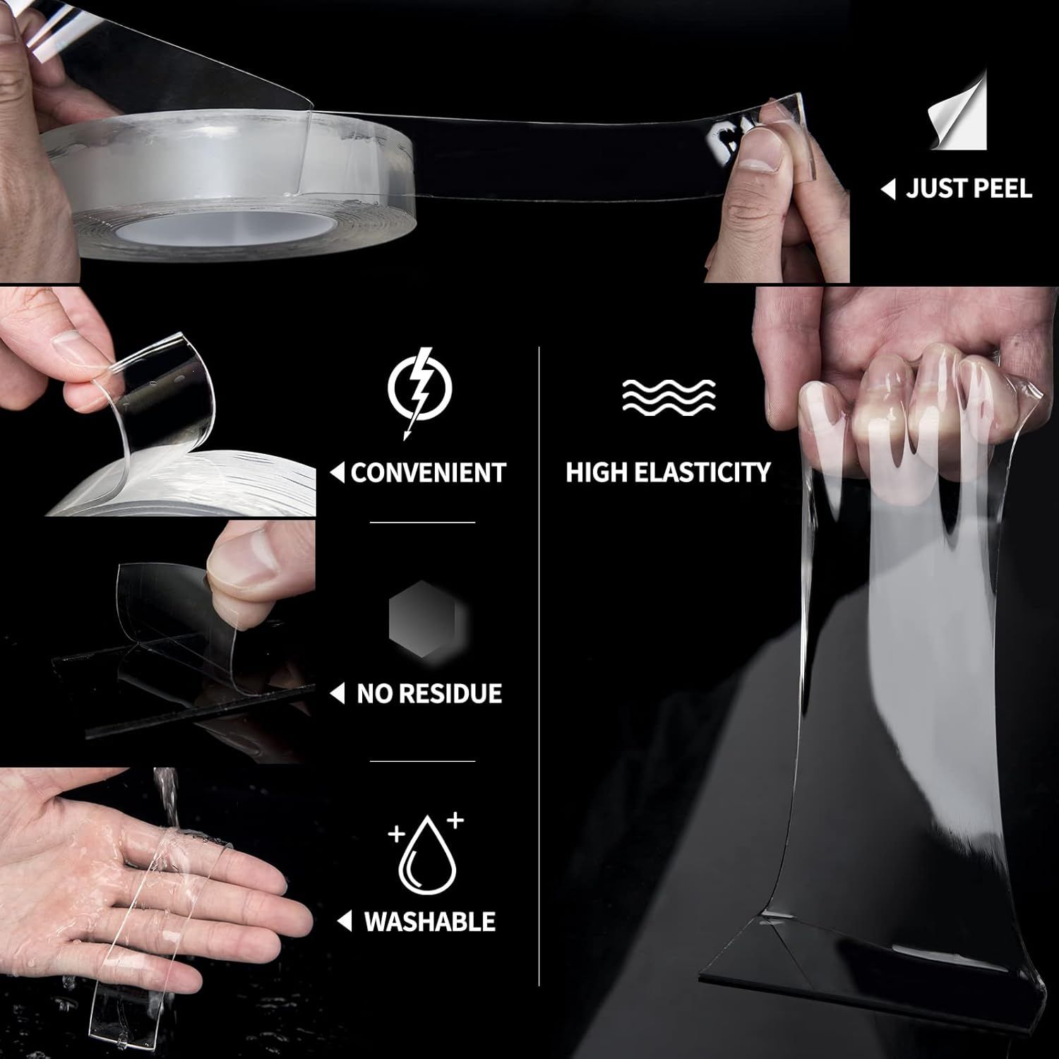 Communicates multiple key benefits of the tape product through a visually segmented layout, showing ease of use, clean removal, reusability, and stretch properties to reassure shoppers of its…