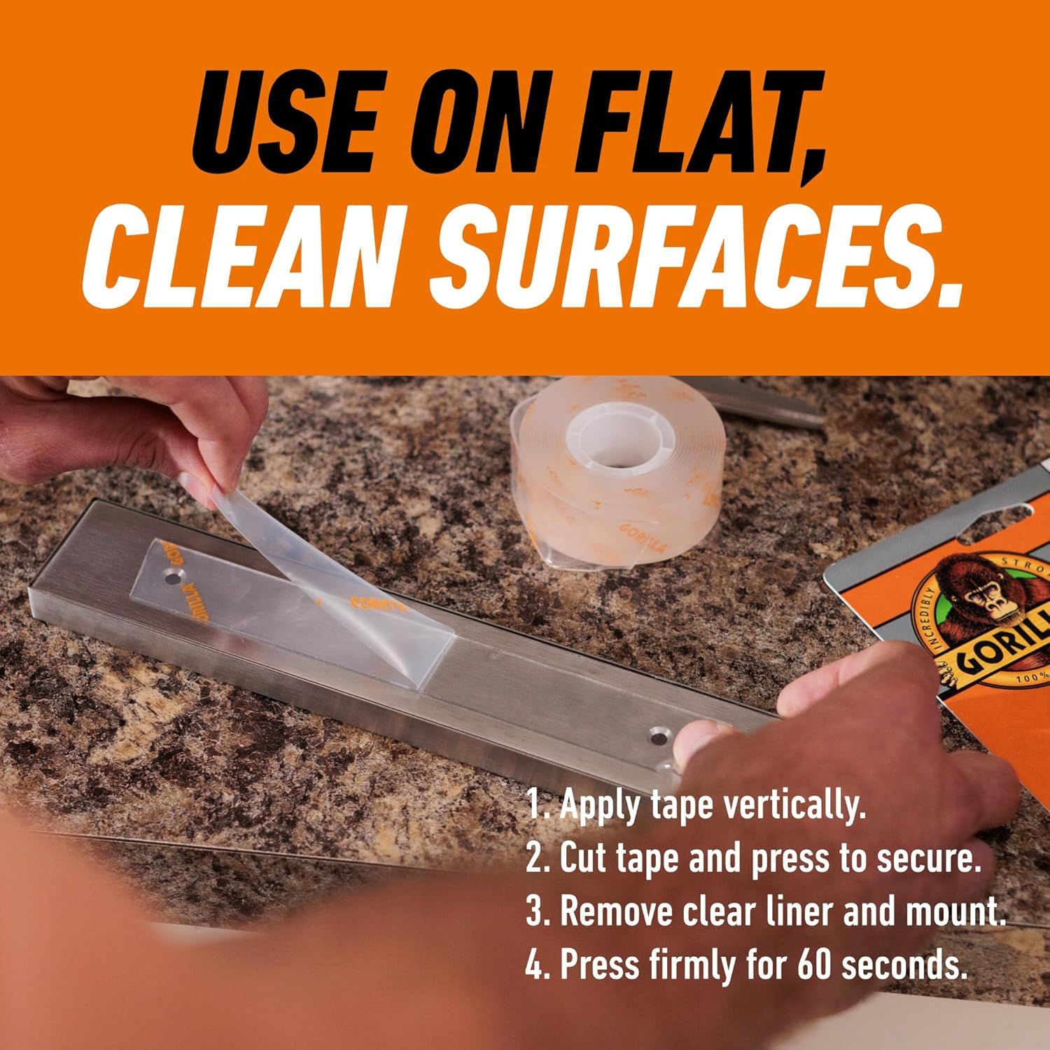 Provides step-by-step instructions on how to properly install and mount the product using tape on flat, clean surfaces, ensuring shoppers understand the simple 4-step application process.…
