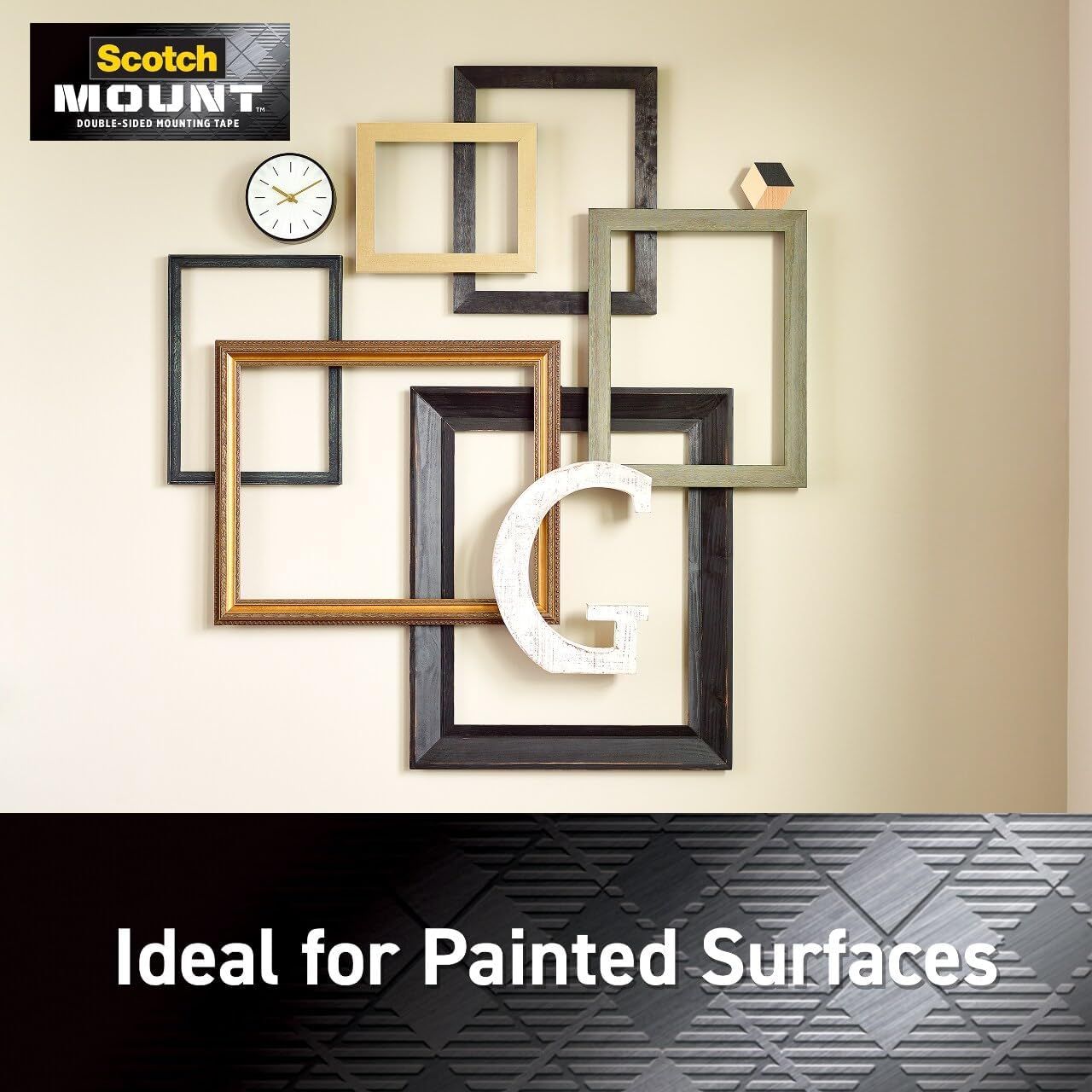 Demonstrates that Scotch Mount double-sided mounting tape is suitable for use on painted walls, reassuring shoppers that it can securely hold frames and decorative items without damaging painted…