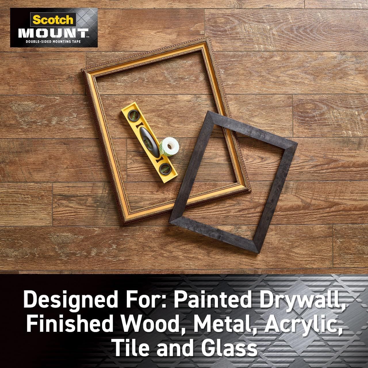 Demonstrates the versatility of the mounting tape by showing it works on multiple surface types including painted drywall, finished wood, metal, acrylic, tile, and glass, reassuring shoppers of its…