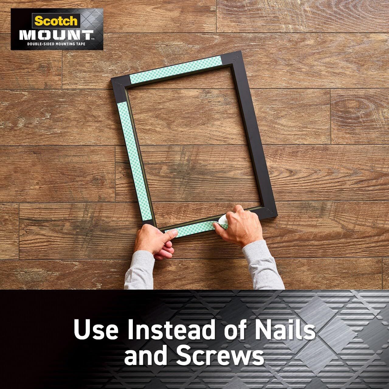 Demonstrates a practical use case for the mounting tape by showing how it can be used to hang picture frames without damaging walls with nails or screws. Communicates the key benefit that this…