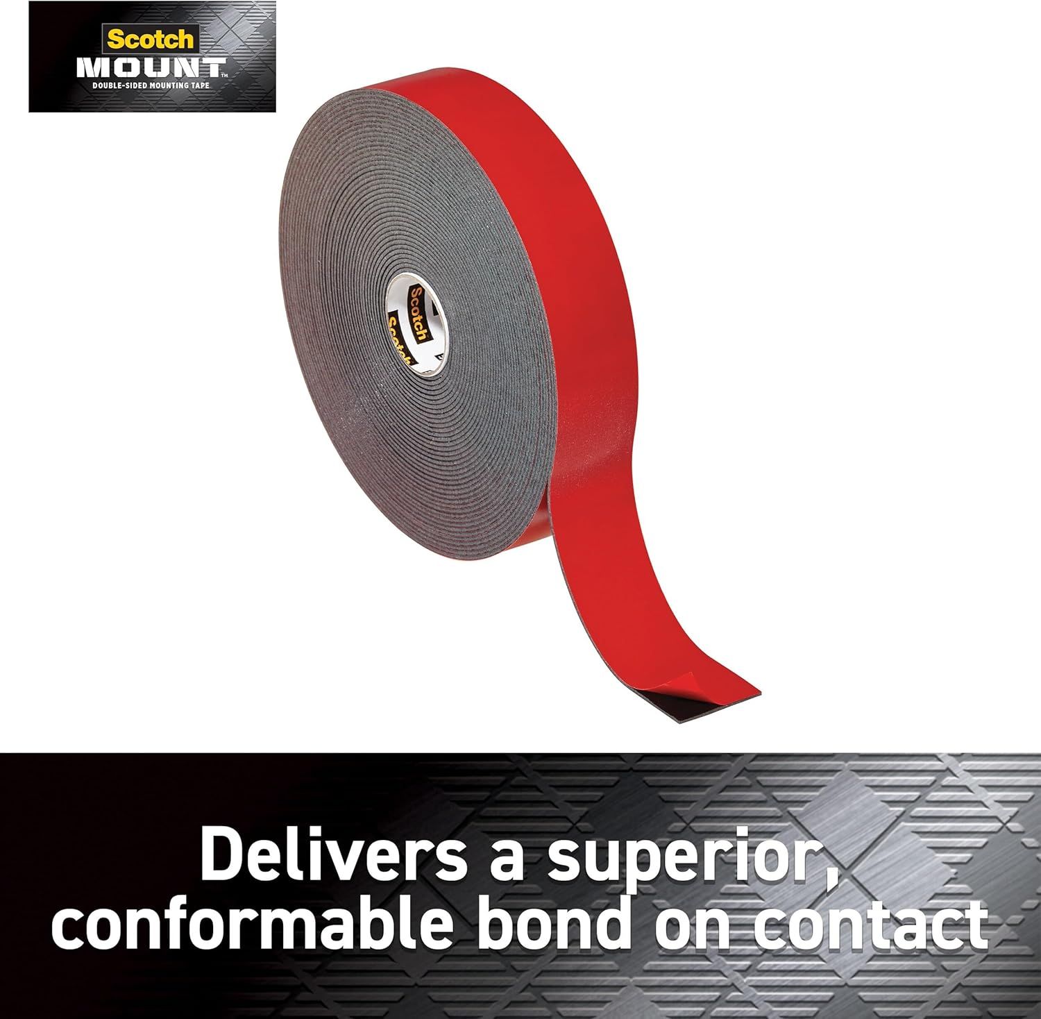 Communicates that the mounting tape delivers a superior, conformable bond on contact, reassuring shoppers of its strong adhesive performance and flexibility.
