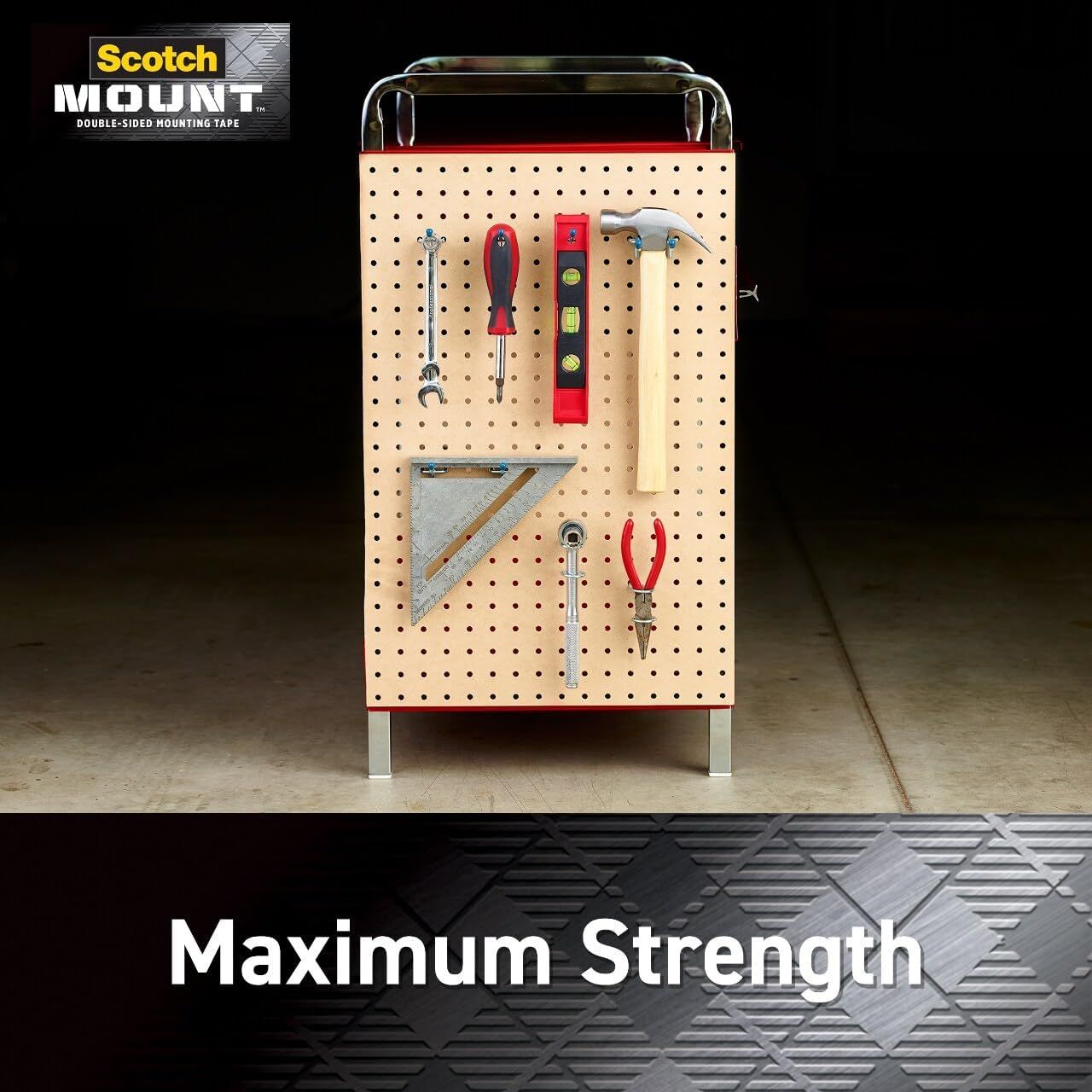 Demonstrates the product's superior holding power by showing it can securely mount heavy tools on a pegboard, reassuring shoppers that this mounting tape is strong enough for demanding applications.