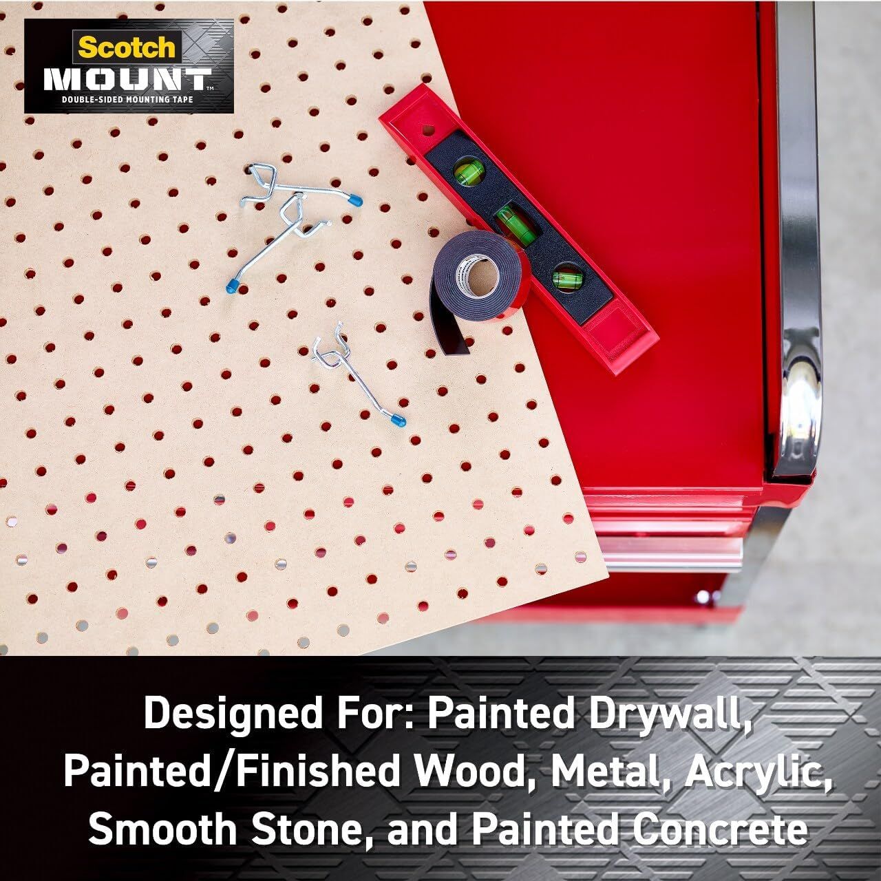 Communicates the versatility of the mounting tape by showing it works on multiple surface types including painted drywall, wood, metal, acrylic, stone, and concrete, reassuring shoppers about broad…