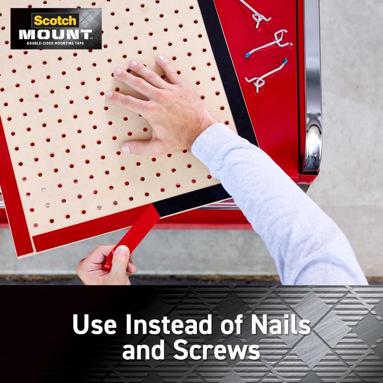 Demonstrates that the mounting tape provides an easy, tool-free alternative to traditional nails and screws for hanging items.