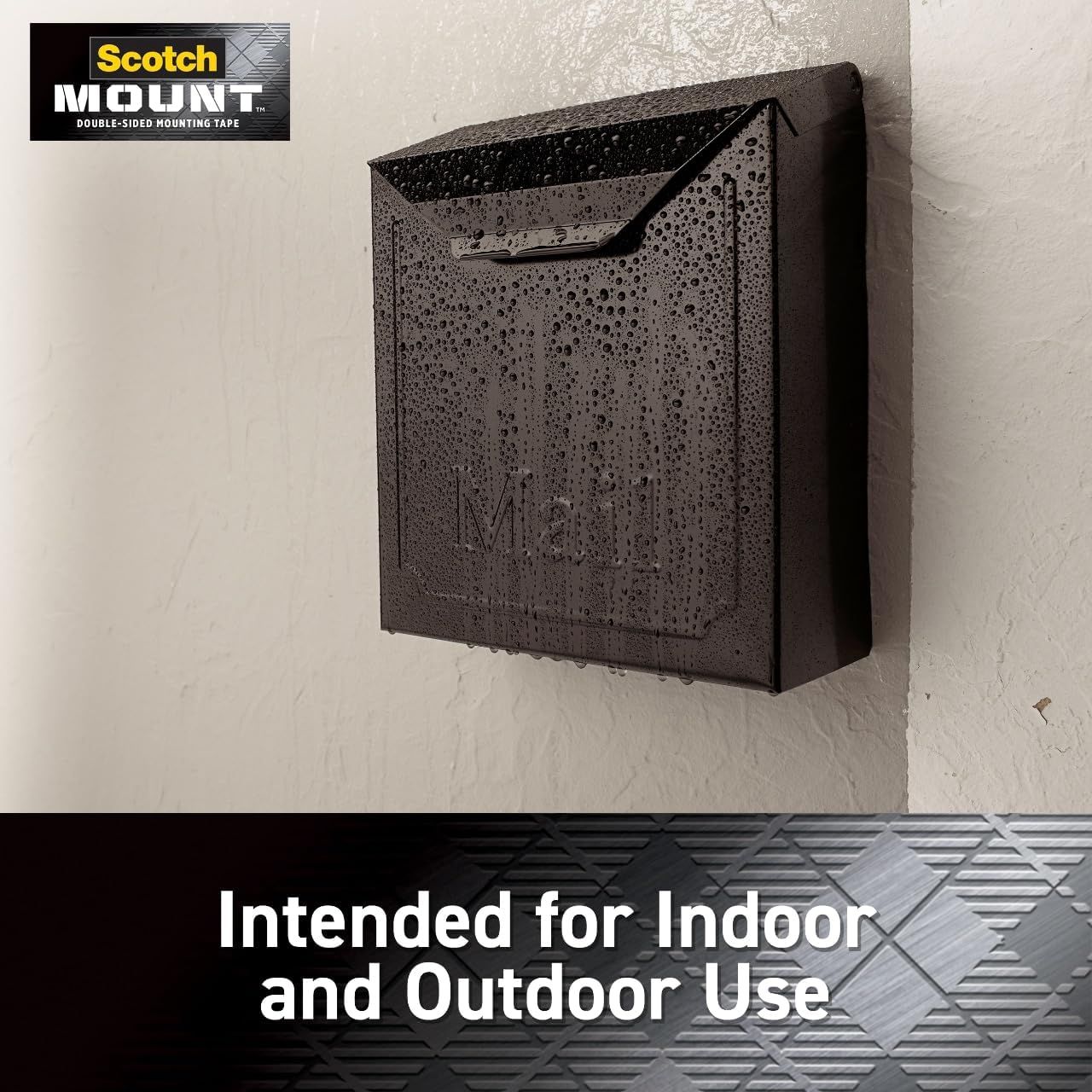 Demonstrates the product's versatility by showing it can be used in both indoor and outdoor environments, reassuring shoppers of its weather-resistant durability. Highlights the mounting tape's…
