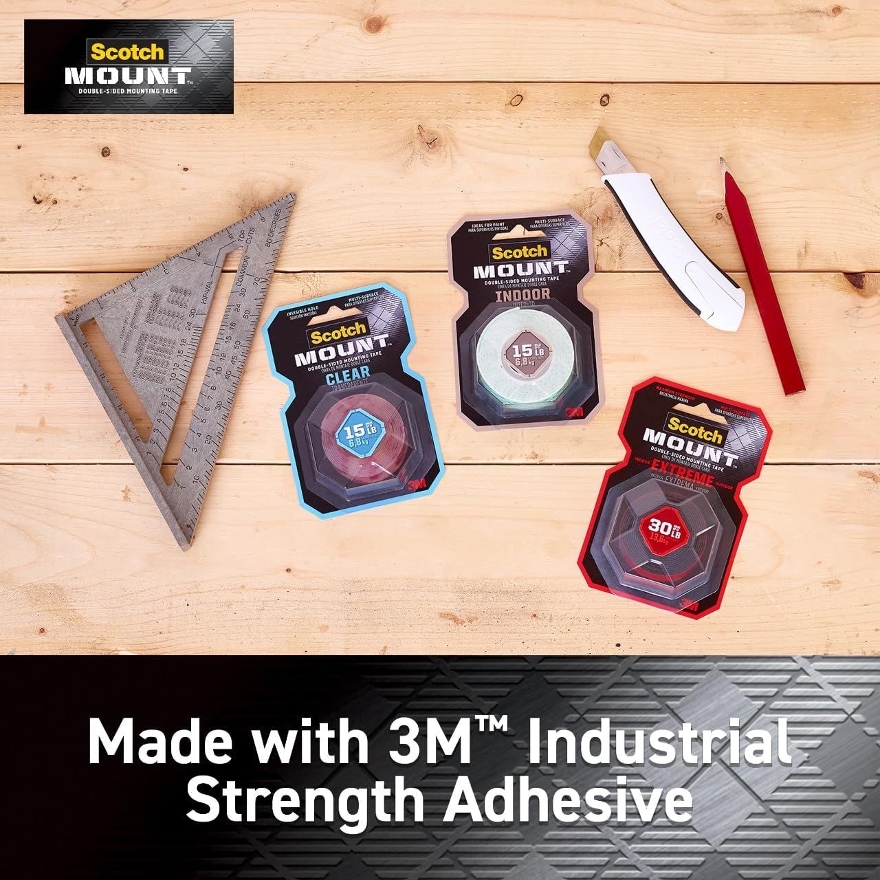 Showcases the Scotch Mount product line with three different variants (Outdoor, Indoor, Extreme) while emphasizing the brand's 3M industrial strength adhesive technology to build trust and help…