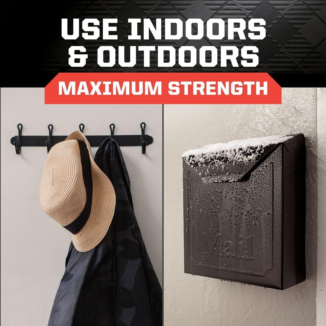 Demonstrates the product's versatility by showing it can be used in multiple environments—both indoors (coat rack) and outdoors (mailbox in snowy conditions)—to reassure shoppers of its durability…