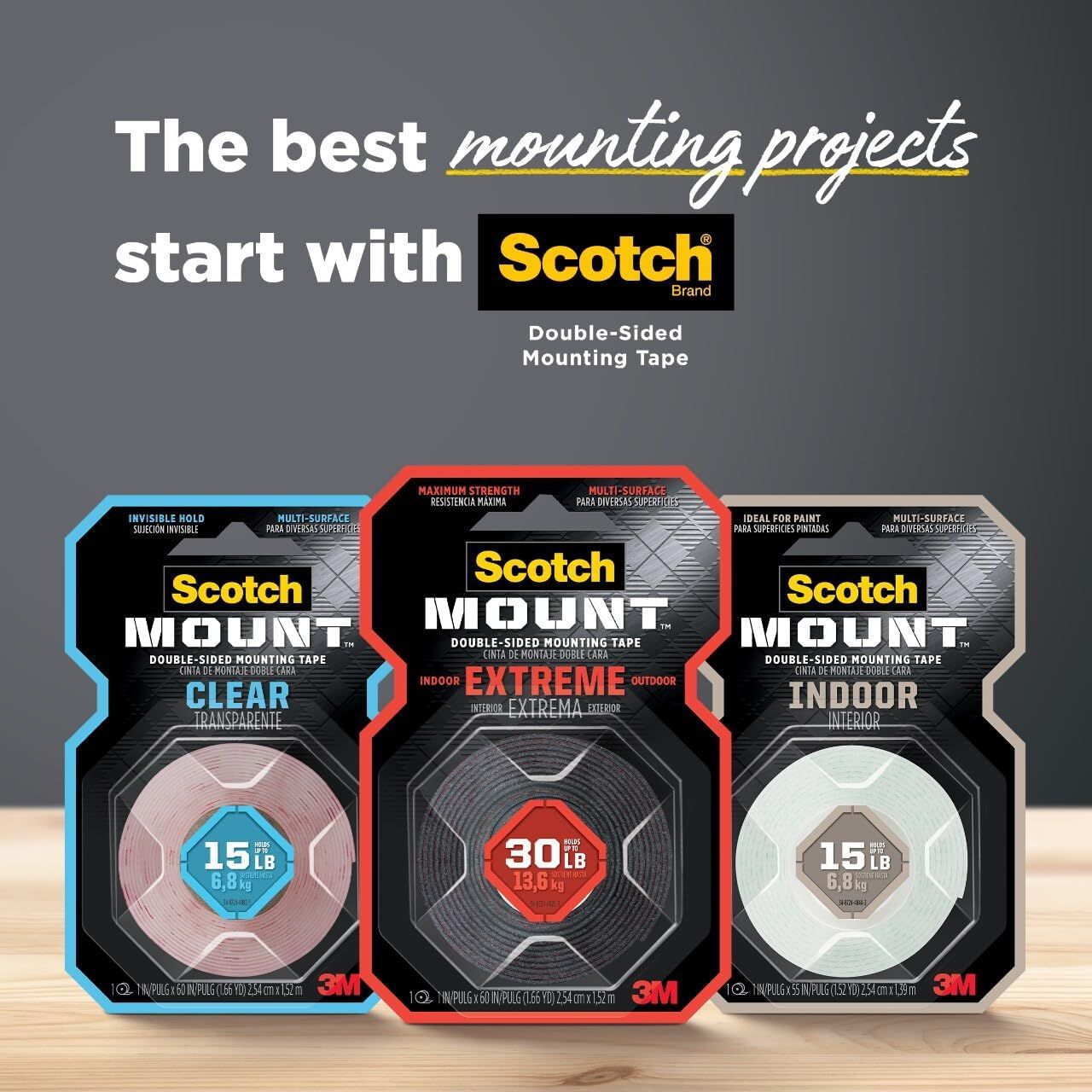 Showcases the Scotch brand's product lineup of double-sided mounting tape variants (Clear, Extreme, Indoor) to help shoppers understand the different options available and reinforce brand trust.