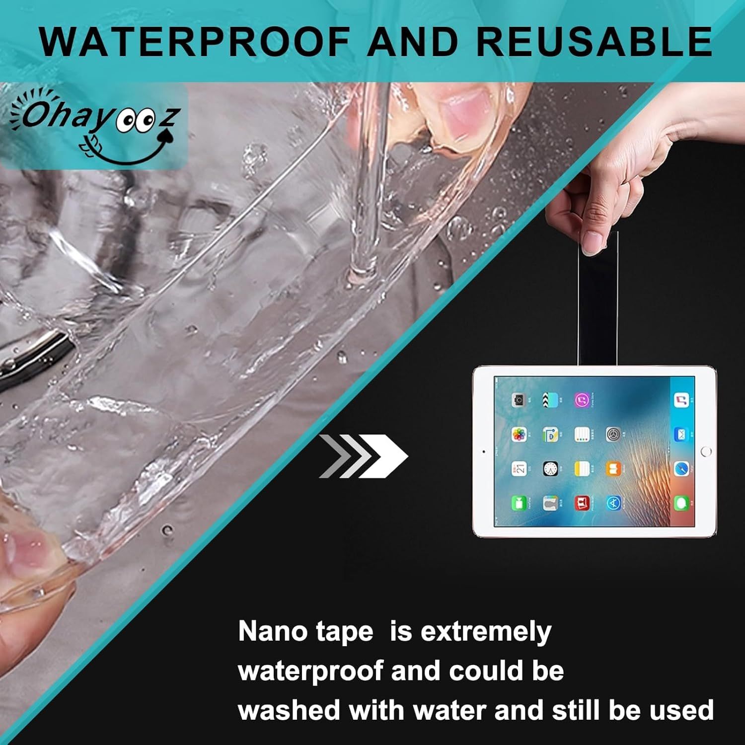 Demonstrates that the nano tape is waterproof and reusable, showing it can be washed under water and still maintain its adhesive properties to reassure shoppers of its durability and value.
