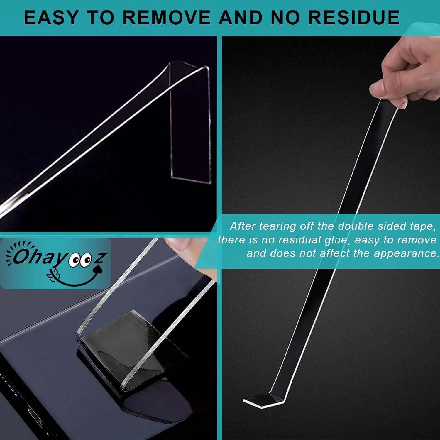 Demonstrates how to remove the protective film or tape from the product, reassuring shoppers that it peels off cleanly without leaving sticky residue or damaging the surface. Highlights the key…
