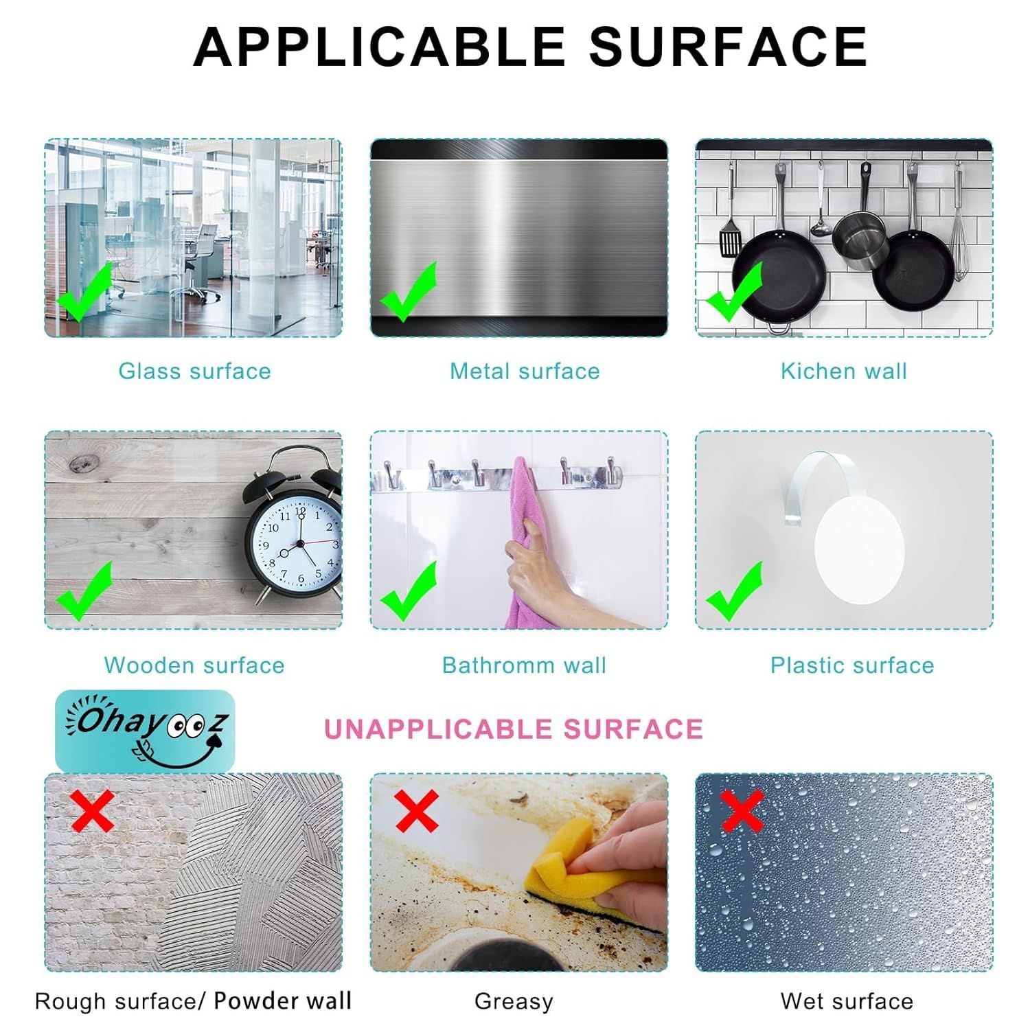 Demonstrates the multiple surfaces where the product can and cannot be applied, helping shoppers understand where the product will work effectively in their home or workspace.