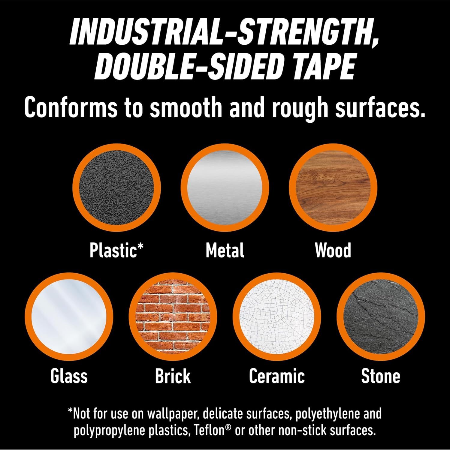 Demonstrates the tape's versatility by showing it works on multiple surface types (plastic, metal, wood, glass, brick, ceramic, stone), reassuring shoppers it will work for their specific needs.