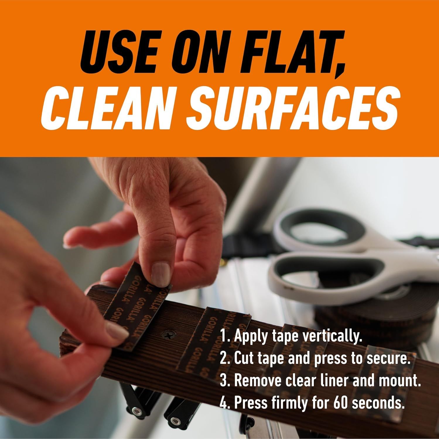 Provides step-by-step instructions on how to properly apply and install the tape product on flat, clean surfaces, ensuring shoppers understand the correct usage method. Communicates that the product…