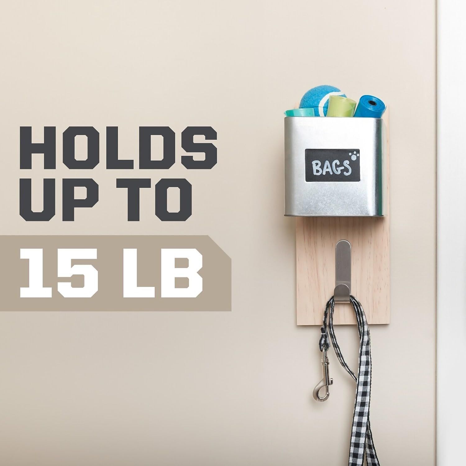 Communicates the product's strong weight capacity of 15 lbs to reassure shoppers that the wall-mounted holder can securely hold dog bags and leash accessories. Highlights the product's ability to…
