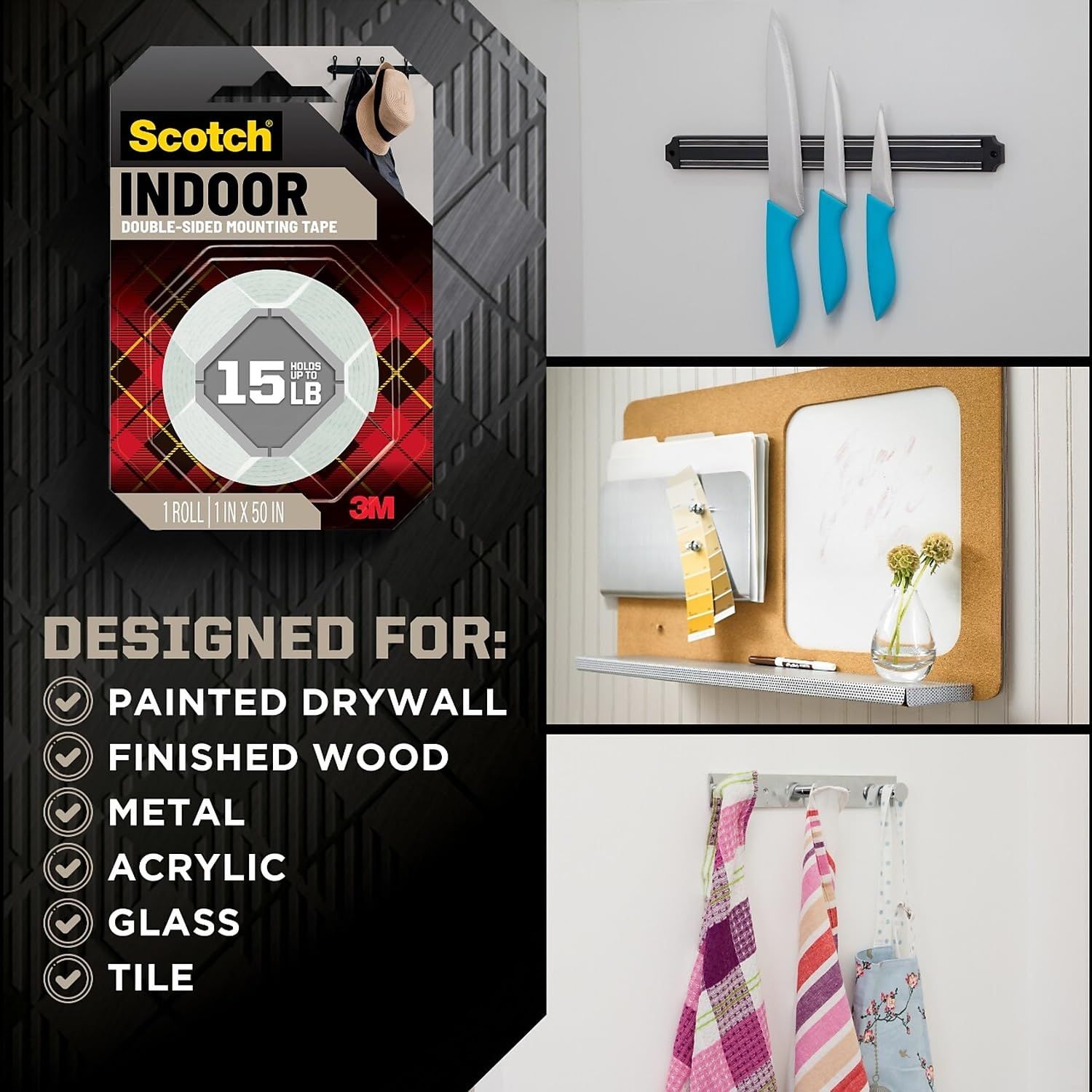 Demonstrates the versatility of the mounting tape by showing it works across multiple surfaces (painted drywall, finished wood, metal, acrylic, glass, tile) and in various home applications (knife…