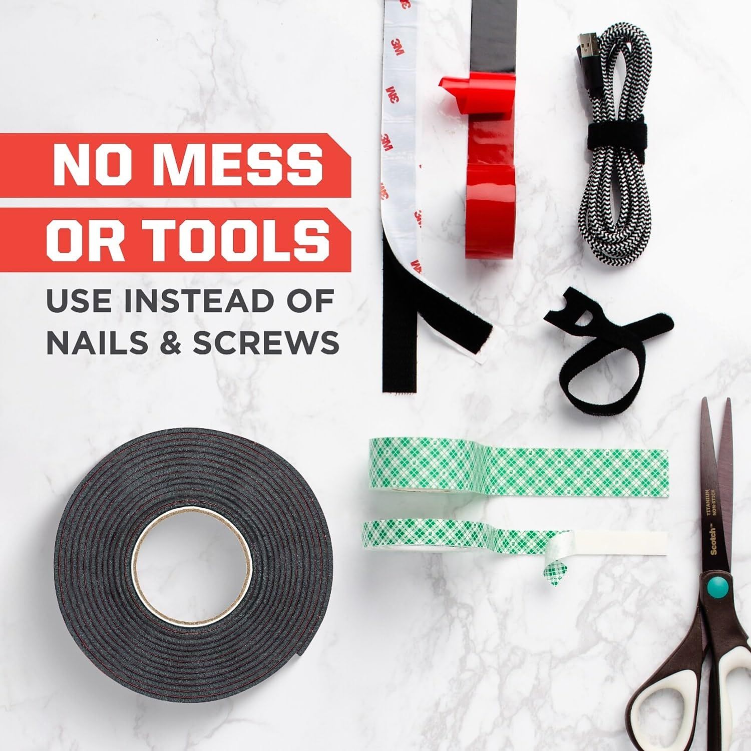 Shows all the components included with the product (adhesive strips, mounting tape, cord, velcro straps, scissors) to reassure shoppers they have everything needed for easy, tool-free installation.…