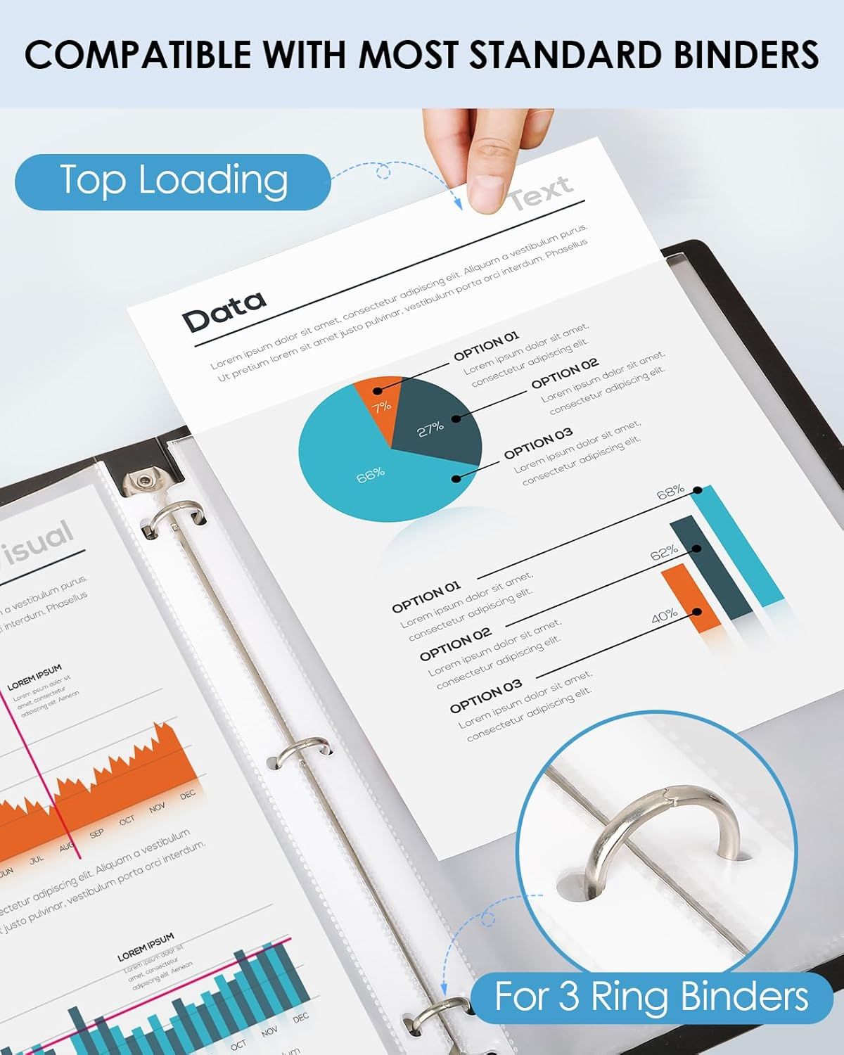 Demonstrates that the product is compatible with most standard binders, specifically highlighting top loading and 3-ring binder functionality to reassure shoppers about versatility and ease of use.
