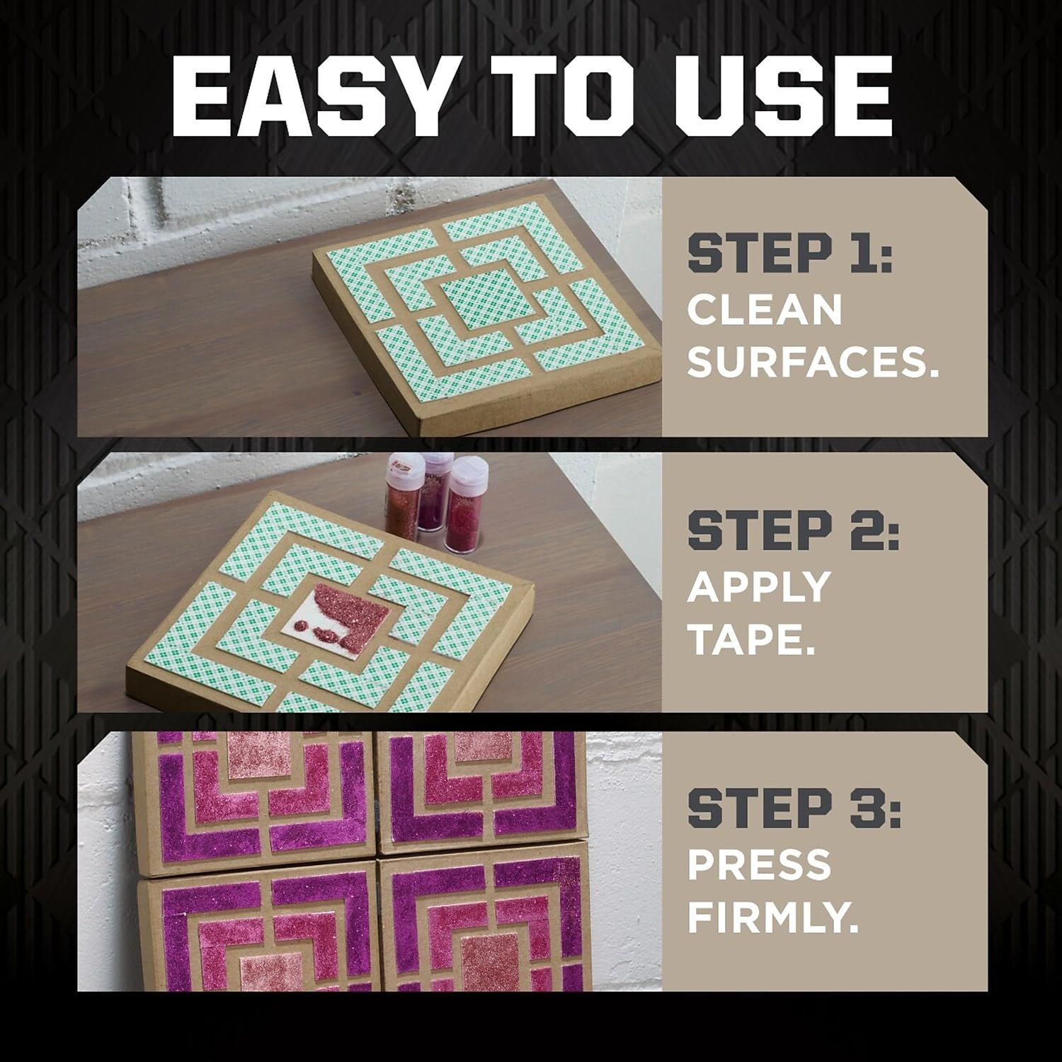 Demonstrates the simple 3-step process for applying the decorative tape product, reassuring shoppers that it's easy to use even for beginners.