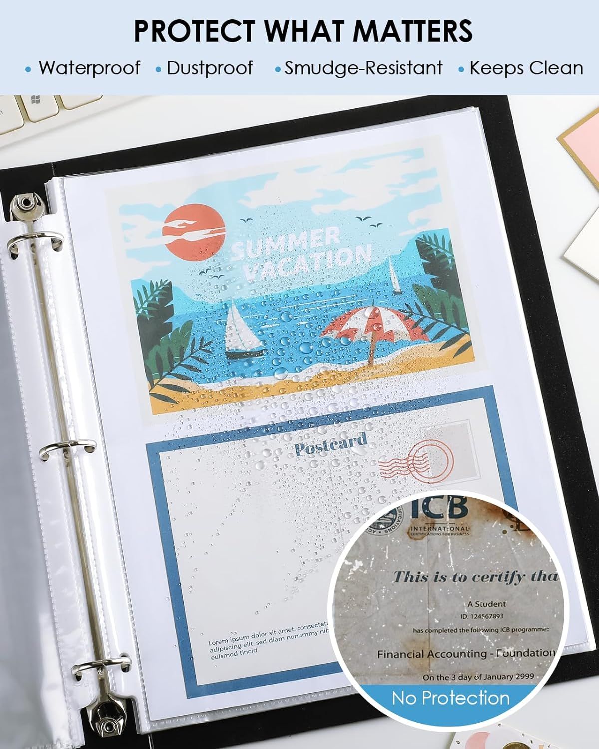 Communicates multiple protective benefits of the product (likely sheet protectors or binder sleeves) to reassure shoppers that their documents, postcards, and certificates will be protected from…