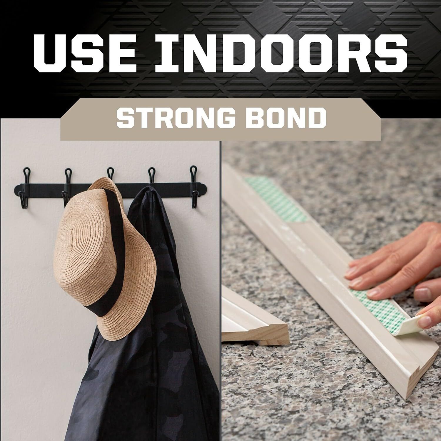 Demonstrates that the product is designed for indoor use and highlights the strong adhesive bond that allows secure mounting on walls and surfaces.