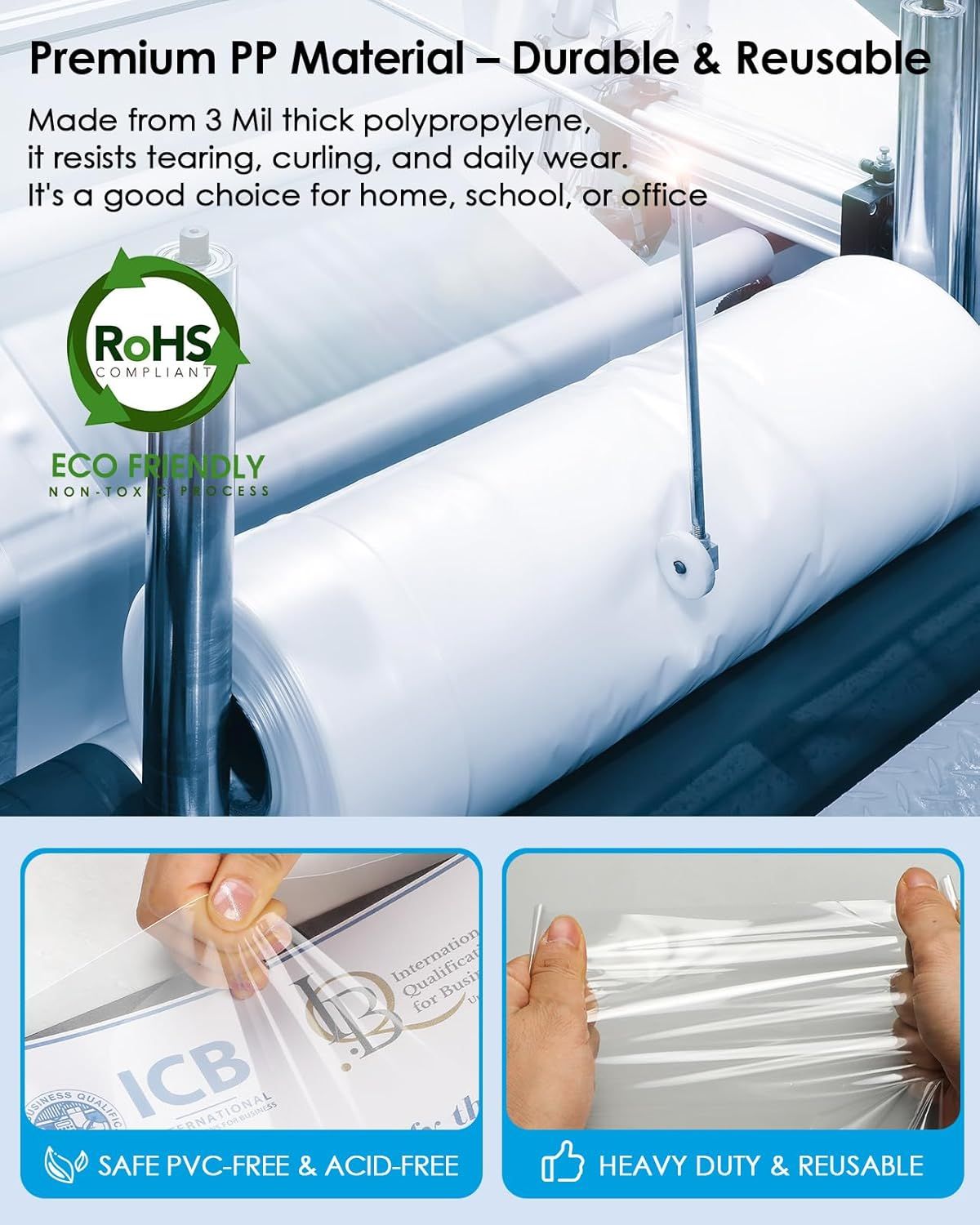Communicates multiple product benefits including material quality, durability, environmental safety certifications, and reusability to reassure shoppers of the product's quality and…