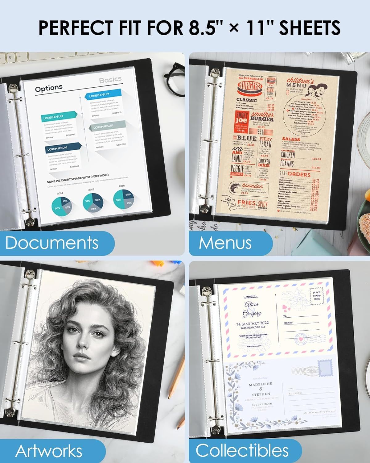 Demonstrates the versatility of the product by showing four distinct use cases where the sheet protectors can be used, reassuring shoppers that this product works across multiple contexts and needs.