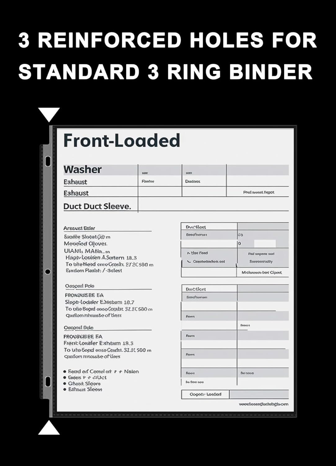 Highlights the physical feature of reinforced holes designed for standard 3-ring binders, reassuring shoppers that the product is durable and compatible with standard binders. Communicates the key…