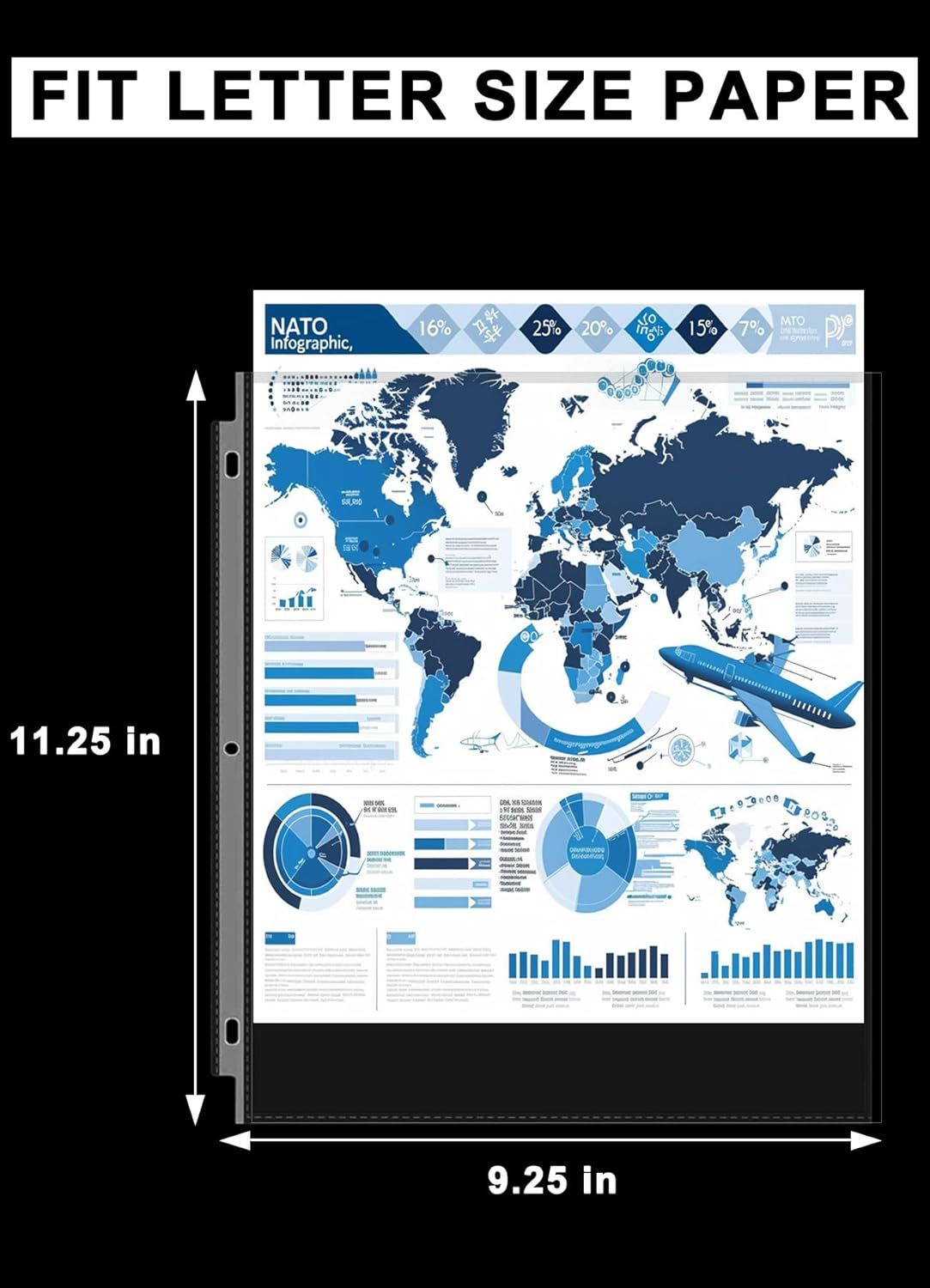 Demonstrates that the sheet protector accommodates standard letter-size paper (8.5 x 11 inches) by showing exact dimensions of 11.25 x 9.25 inches, reassuring shoppers about compatibility with…