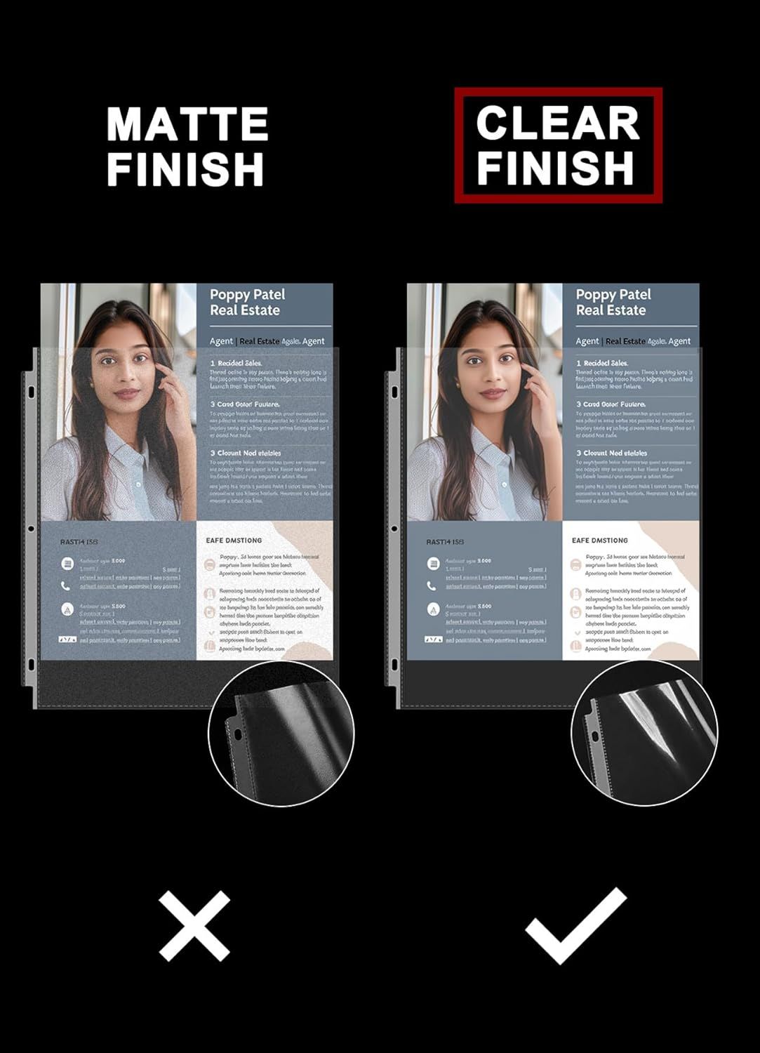 Demonstrates the superiority of the clear finish option over the matte finish by showing side-by-side visual comparison with checkmark and X symbols to guide the shopper toward the preferred choice.