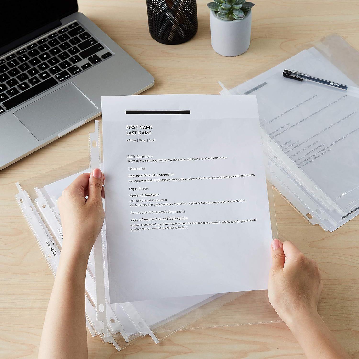 Demonstrates the product in a real-world office or work-from-home setting to help shoppers visualize how it fits into their professional life.