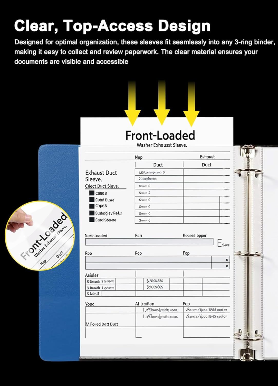 Communicates that the sleeves are designed with a clear, top-access format that fits 3-ring binders, making documents visible and easy to organize.