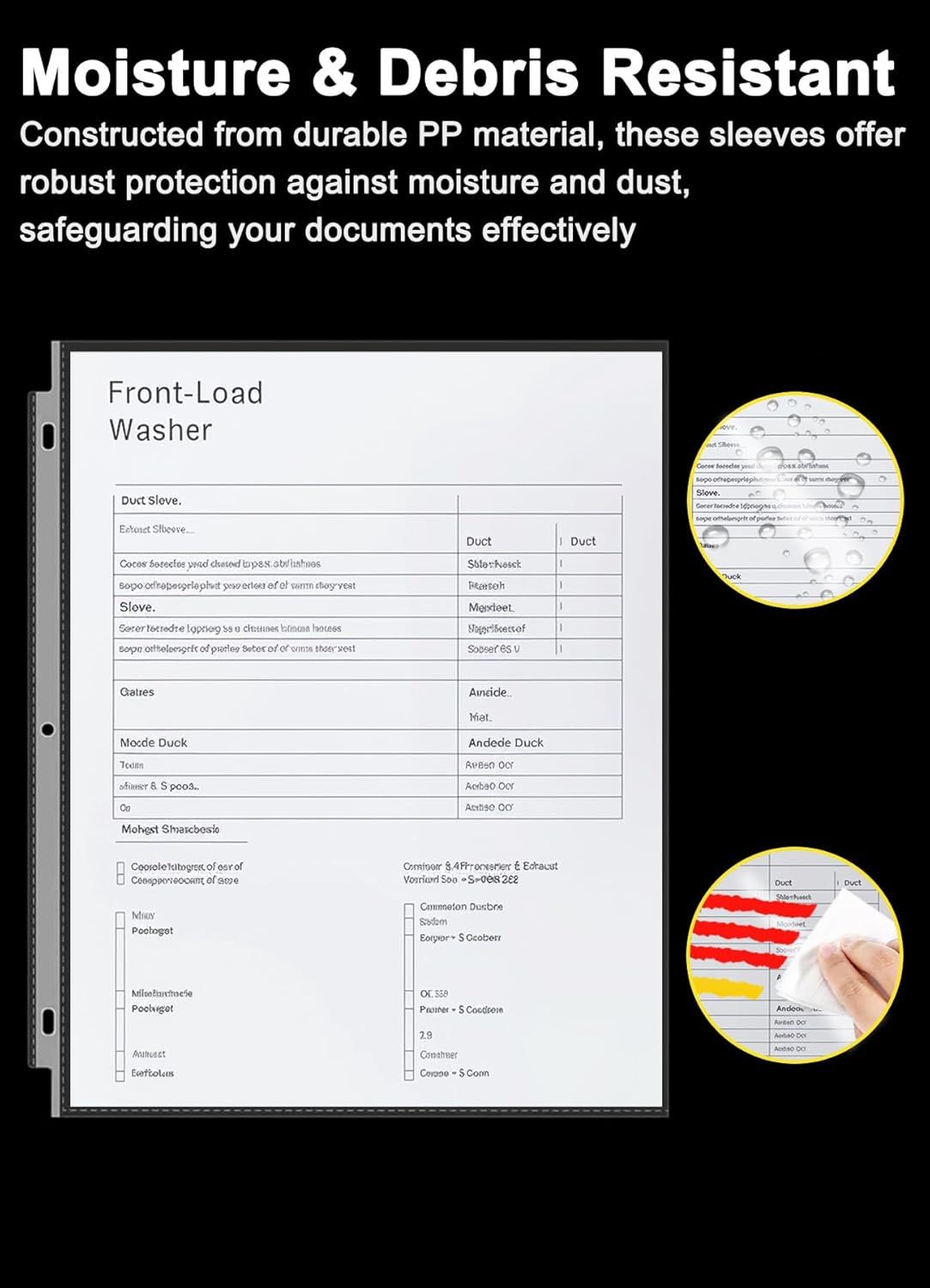 Communicates that the document sleeves are constructed from durable PP material that protects documents from moisture and dust, reassuring shoppers about the product's protective capabilities.