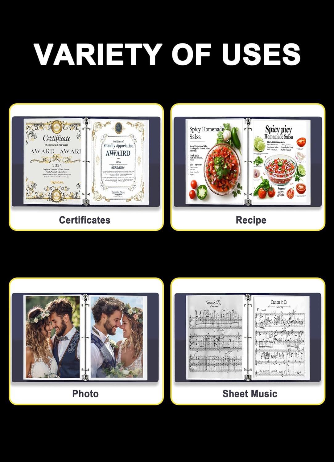Demonstrates the versatility of the product (likely a binder or display folder) by showing it can be used for multiple different purposes including storing certificates, recipes, photos, and sheet…