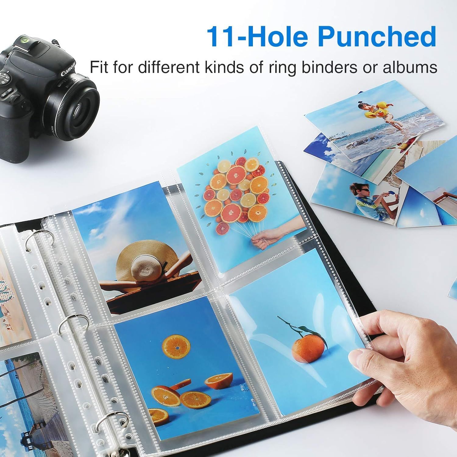 Demonstrates that the photo prints are pre-punched with 11 holes and can be used in different types of ring binders or photo albums, highlighting the product's versatility and convenience for…