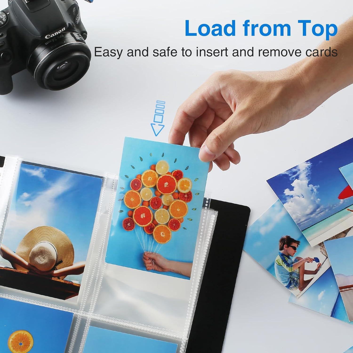 Demonstrates how to insert and remove cards from the top of the photo album, emphasizing the ease and safety of the top-loading feature. Highlights the convenience and safety of the top-loading…